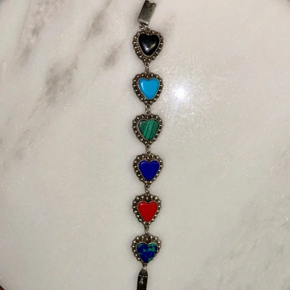 Vintage ~ Multi-Colors Gemstones Heart Shaped ~ .925 Sterling Silver Bracelet - Picture 2 of 15